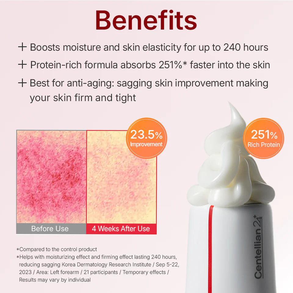 Skincare product with benefits text and before/after skin comparison on a pink background