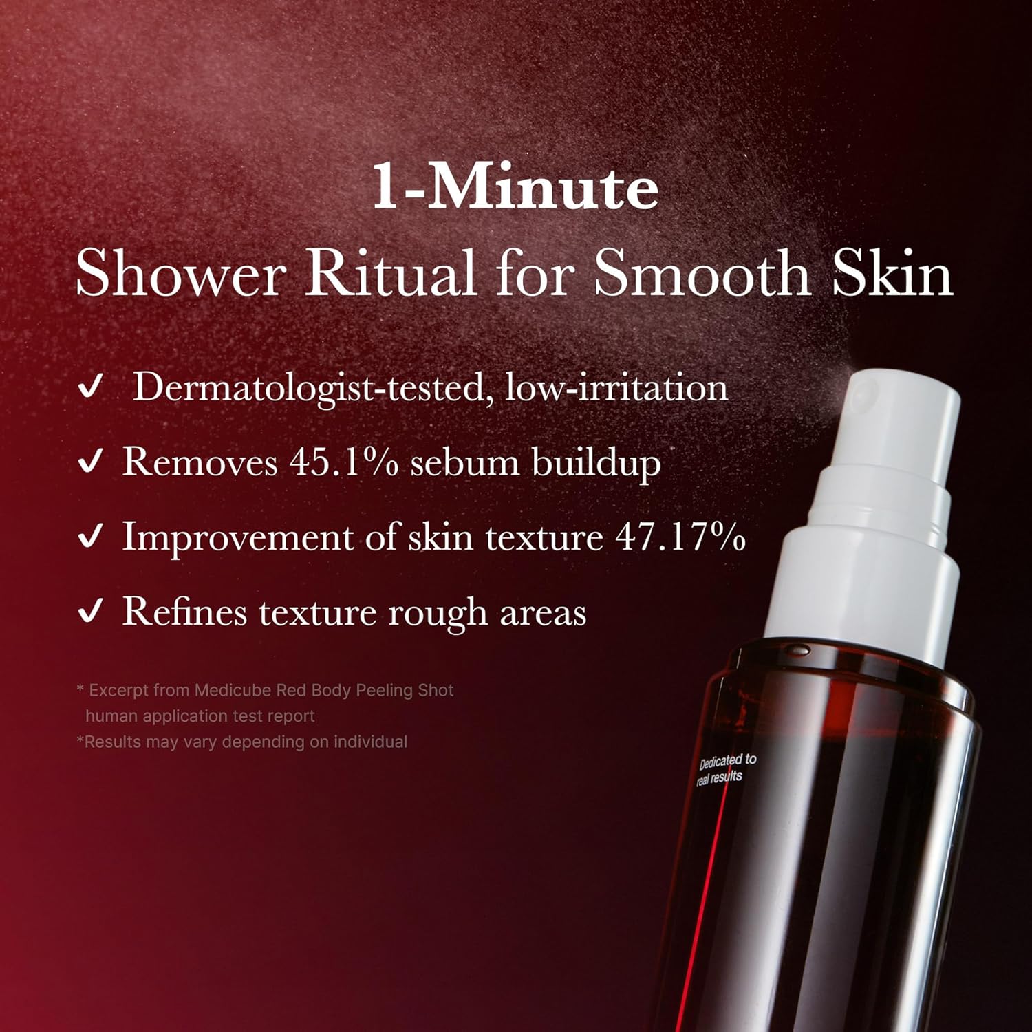 Skincare product with text about a 1-minute shower ritual for smooth skin on a dark background
