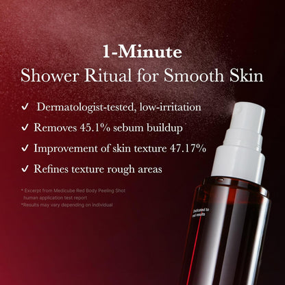 Skincare product with text about a 1-minute shower ritual for smooth skin on a dark background