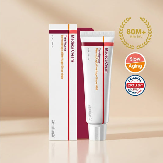 Madea Cream tube and packaging on a beige background with certification logos.